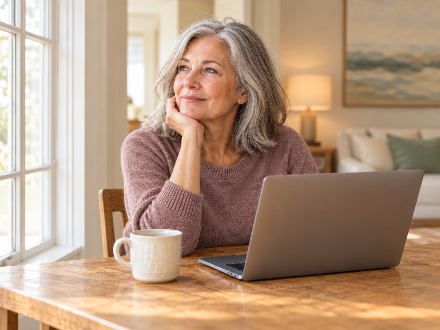 Gray-haired woman in a dusty-rose sweater seated with a laptop and mug