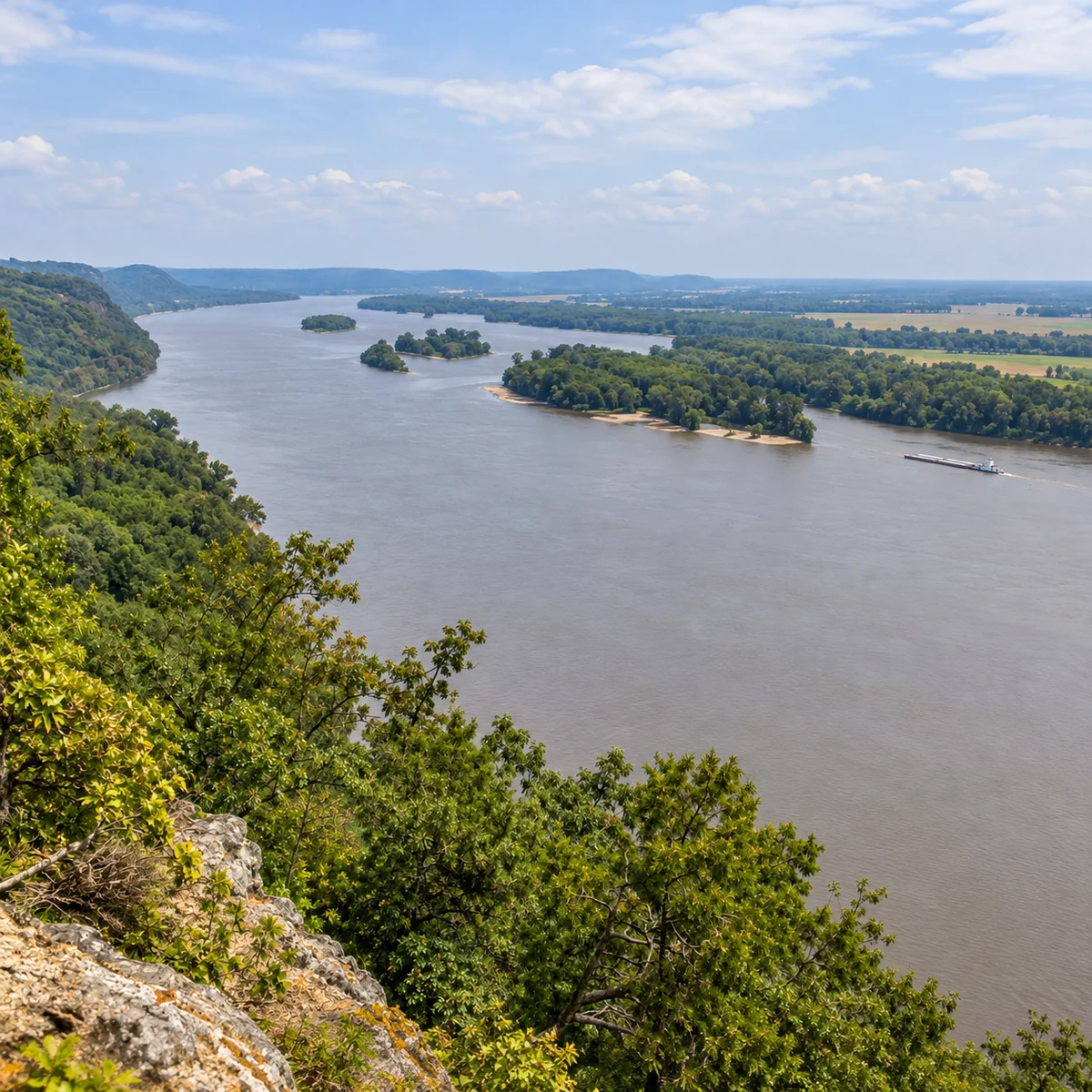 Broad Mississippi River seen from a wooded Missouri bluff, with river islands and a distant barge tow