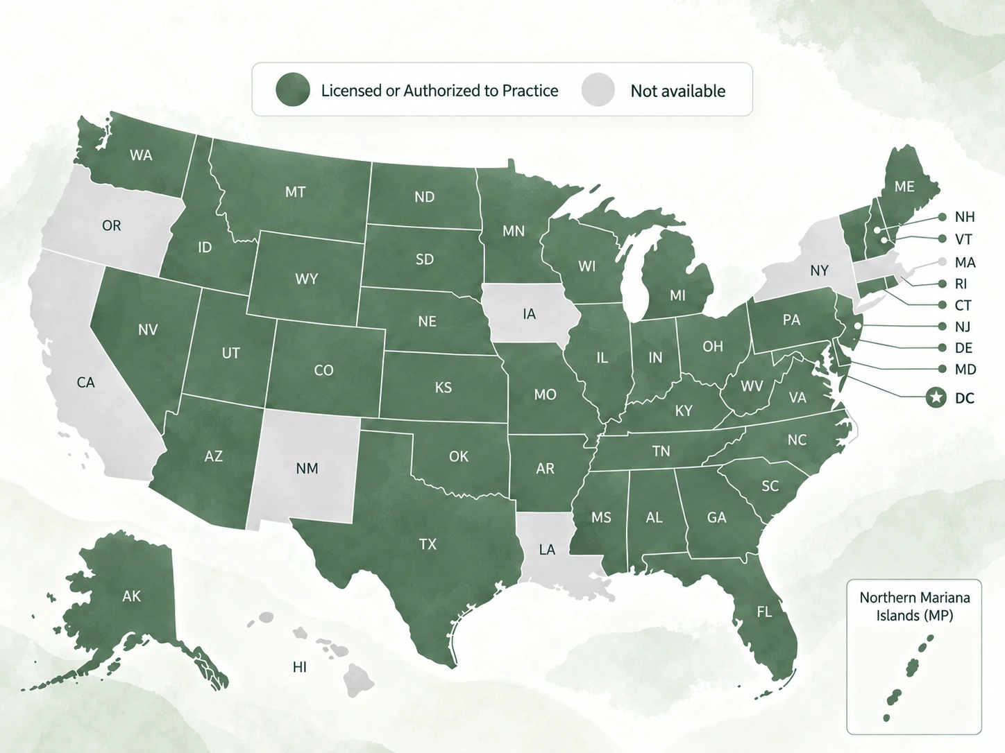 Practice jurisdiction map: green indicates licensed or authorized jurisdictions and gray indicates unavailable jurisdictions; includes Alaska and the Northern Mariana Islands.