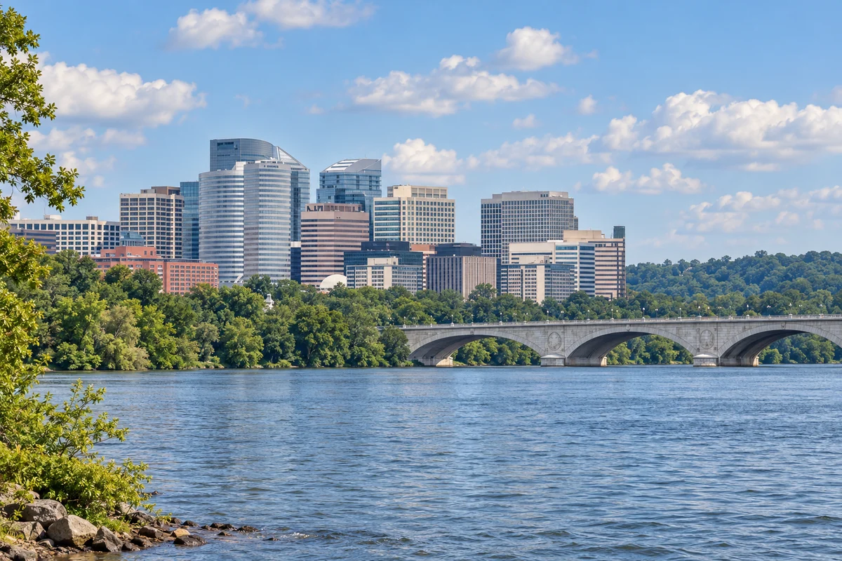 Rosslyn skyline in Virginia behind Key Bridge and the Potomac River
